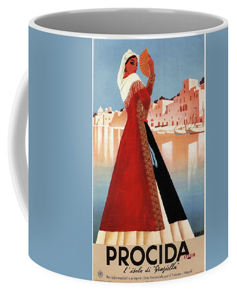 Procida Coffee Mug featuring the mixed media Procida, Coast of Naples, Italy - Retro travel Poster - Vintage Poster by Studio Grafiikka