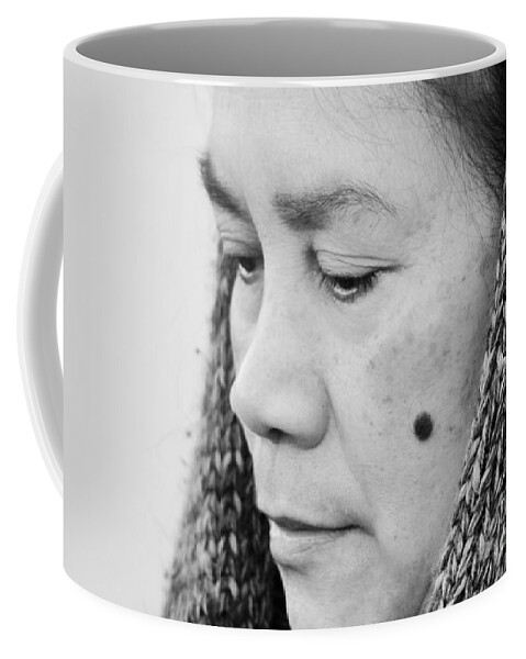 Filipina Coffee Mug featuring the photograph Profile Portrait of a Filipina with a Mole on Her Cheek and Wearing a Scarf by Jim Fitzpatrick