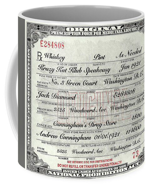 Prohibition Prescription Certificate Krazy Kat Klub Coffee Mug featuring the photograph Prohibition Prescription Certificate Krazy Kat Klub by David Patterson