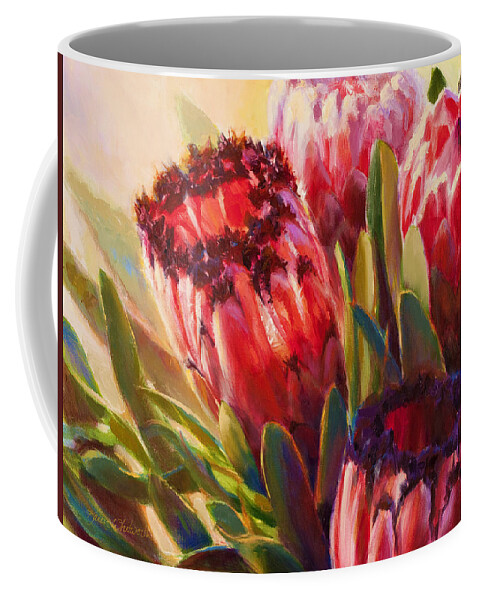 Protea Neriifolia Coffee Mug featuring the painting Pink Mink Protea - Tropical Flowers - Botanical Floral Painting - Hawaii Art - Protea Neriifolia by K Whitworth