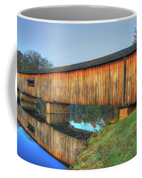 Reid Callaway Protection That Lasts 2 Coffee Mug featuring the photograph Protection That Works 2 Watson Mill Covered Bridge Reflections by Reid Callaway
