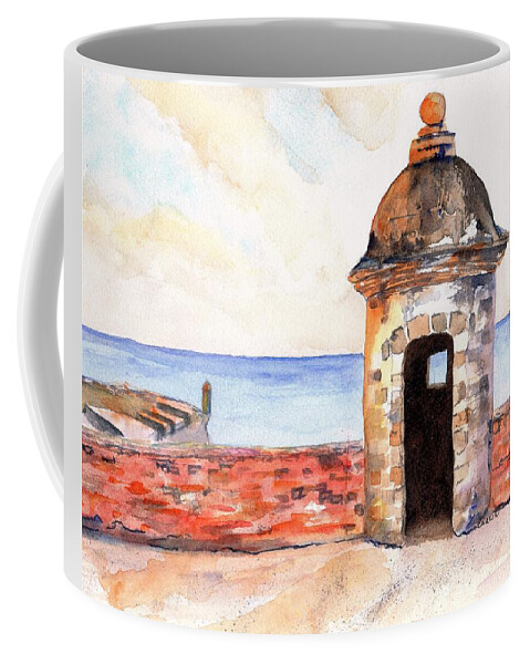 Puerto Rico Coffee Mug featuring the painting Puerto Rico Sentry Box Ocean View by Carlin Blahnik CarlinArtWatercolor