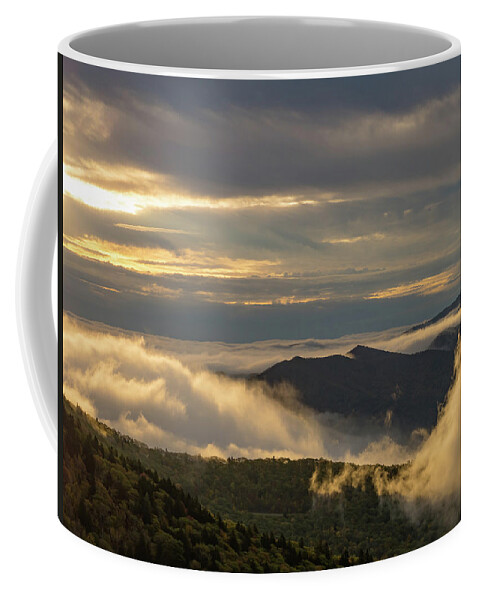 Blueridge Parkway; Landscape; Mountains; Sunrise; Clouds; Shadow; Waterrock Knob; Coffee Mug featuring the photograph Puffy Clouds by Peggy Blackwell
