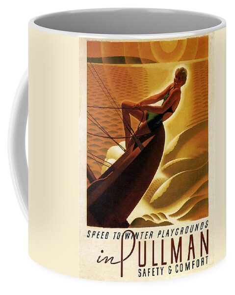 Pullman Coffee Mug featuring the mixed media Pullman Speed to Winter Playgrounds - Retro travel Poster - Vintage Poster by Studio Grafiikka