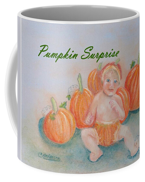 Baby Coffee Mug featuring the drawing Pumpkin Surprise by Carol Allen Anfinsen