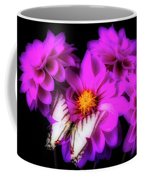 Butterfly Coffee Mug featuring the photograph Purple Dahlias And Butterfly by Garry Gay