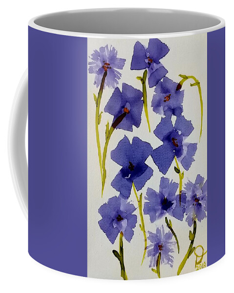 Abstract Purple Flowers Coffee Mug featuring the painting Purple Flowers by Donna Perry