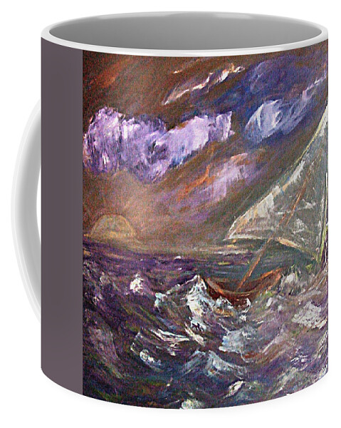 Katt Yanda Original Art Landscape Oil Painting Canvas Purple Sea Ocean Storm Waves Tipping Sailboat Dusk Sunset Coffee Mug featuring the painting Purple Sea Storm by Katt Yanda