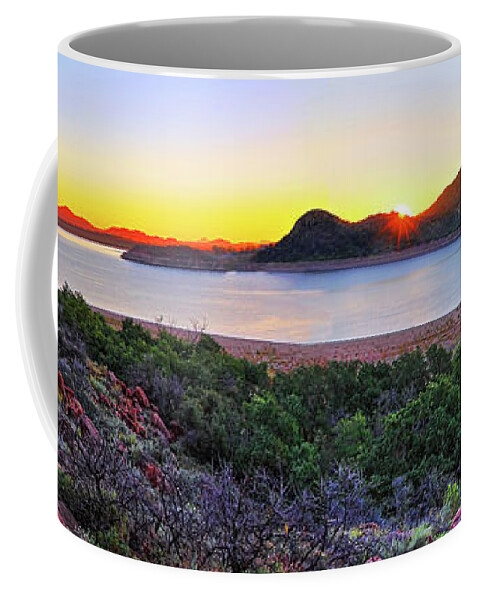 Quartz Mountains Coffee Mug featuring the photograph Quartz Mountains and Lake Altus Panorama - Oklahoma by Jason Politte