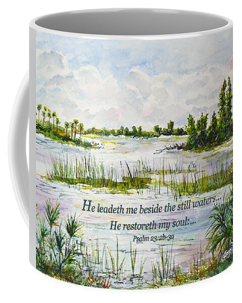 Quietness Coffee Mug featuring the digital art Quiet Waters Psalm 23 by Janis Lee Colon