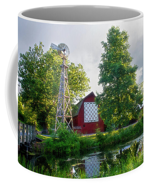 Windmill Coffee Mug featuring the photograph Quilt Barn and Windmill at Bonneyville Mill by David Arment