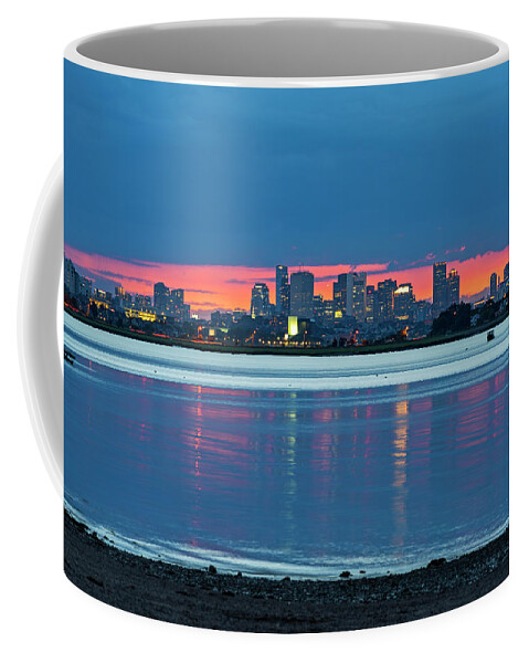 Quincy Coffee Mug featuring the photograph Quincy MA Red Sunset behind the Boston Skyline Wollaston Beach by Toby McGuire