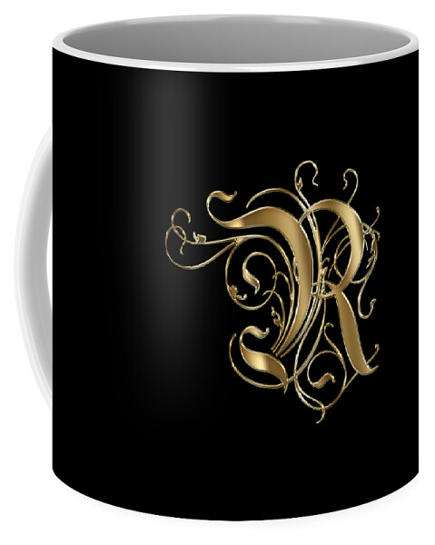 Golden Letter R Coffee Mug featuring the painting R Golden Ornamental Letter Typography by Georgeta Blanaru