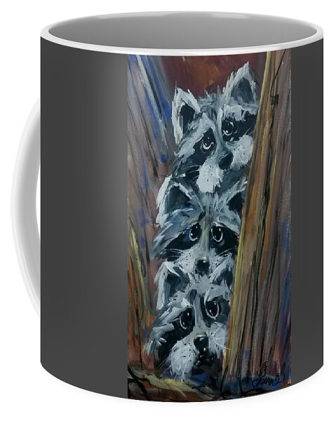 Raccoon Coffee Mug featuring the painting Raccoon Triplets by Terri Einer