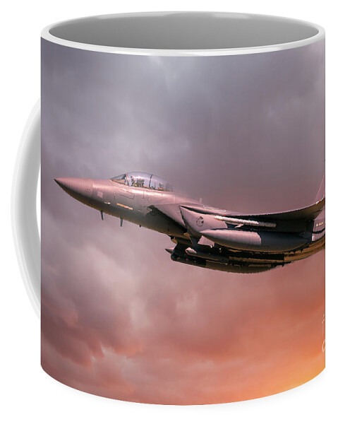 Usaf Coffee Mug featuring the photograph RAF Lakenheath F-15 Eagle in flight with orange sun light by Simon Bratt