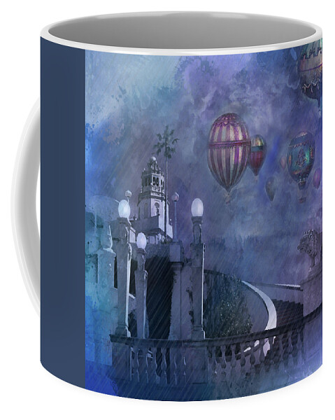 Hearst Castle Coffee Mug featuring the digital art Rain and balloons at Hearst Castle by Jeff Burgess