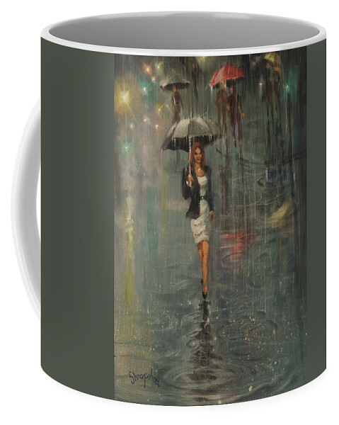 Woman With Umbrella Coffee Mug featuring the painting Rain in the City by Tom Shropshire