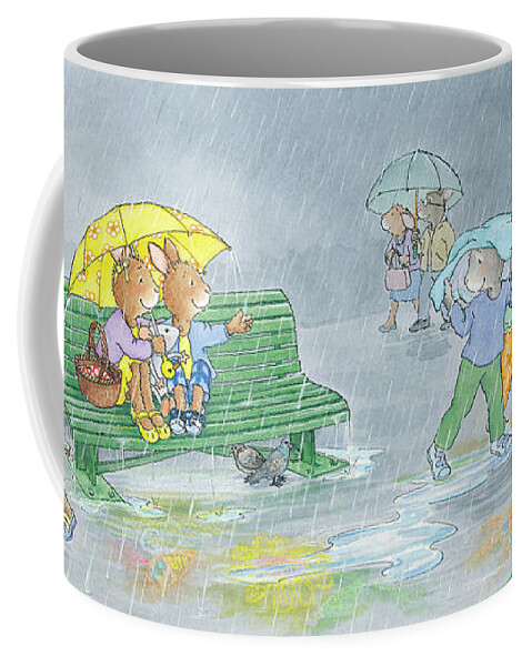 Breezy Bunnies Coffee Mug featuring the painting Rain Shower by June Goulding