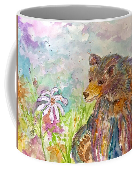 Rainbow Bear Coffee Mug featuring the painting Rainbow Bear and Wildflowers by Ellen Levinson
