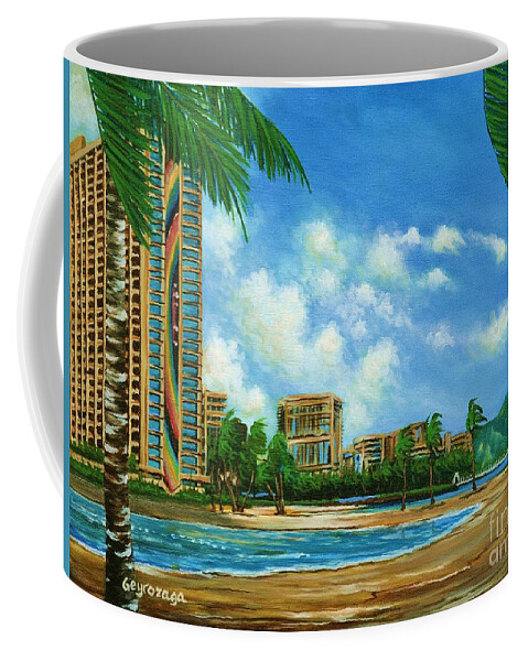 Hilton Hawaiian Village Coffee Mug featuring the painting Rainbow Tower by Larry Geyrozaga