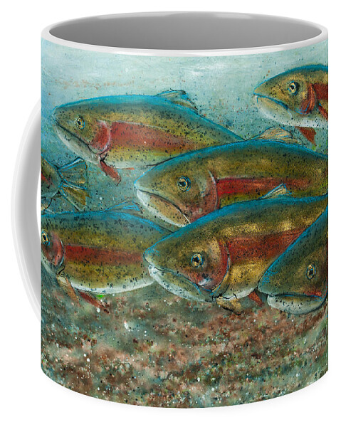 Fish Coffee Mug featuring the painting Rainbow Trout Fish Run by Jani Freimann