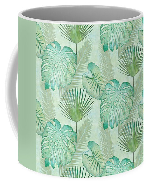 Rain Coffee Mug featuring the painting Rainforest Tropical - Elephant Ear and Fan Palm Leaves Repeat Pattern by Audrey Jeanne Roberts