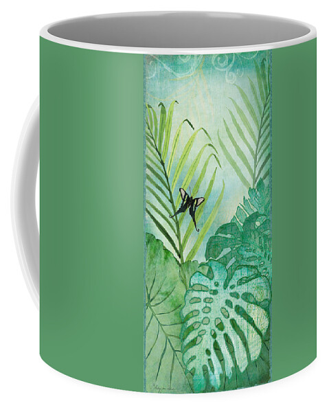 Jungle Coffee Mug featuring the painting Rainforest Tropical - Philodendron Elephant Ear and Palm Leaves w Botanical Butterfly by Audrey Jeanne Roberts