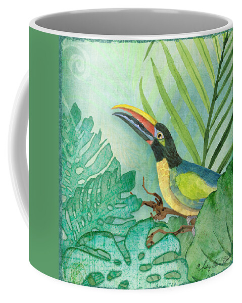 Square Format Coffee Mug featuring the painting Rainforest Tropical - Jungle Toucan w Philodendron Elephant Ear and Palm Leaves 2 by Audrey Jeanne Roberts