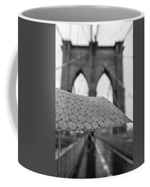Brooklyn Coffee Mug featuring the photograph Rainy Day on the Brooklyn Bridge Brooklyn New York Cables Umbrella Black and White by Toby McGuire