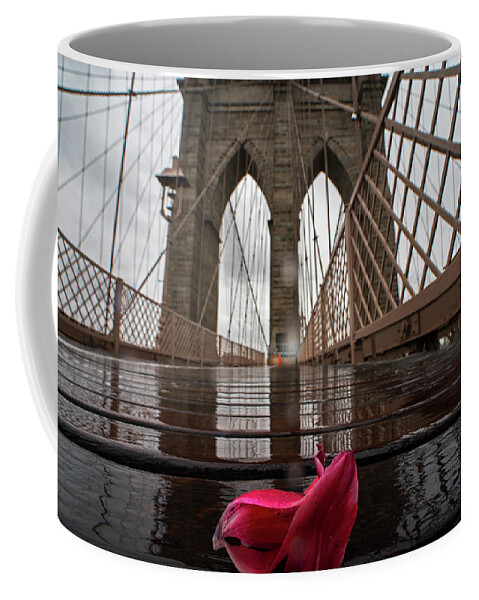 Brooklyn Coffee Mug featuring the photograph Rainy Day on the Brooklyn Bridge Brooklyn New York Tulip Petals by Toby McGuire