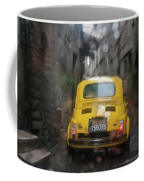 Yellow Coffee Mug featuring the photograph Rainy Fiat Parade, Italy by Kathleen McGinley