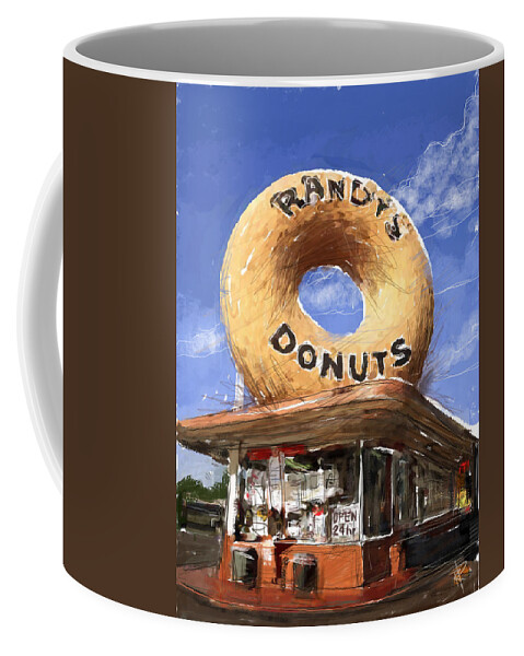 Randy's Donuts Coffee Mug featuring the mixed media Randy's Donuts by Russell Pierce