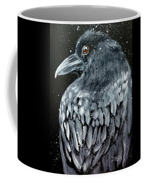 Raven Portrait Coffee Mug featuring the painting Raven in Snow by Pat Dolan