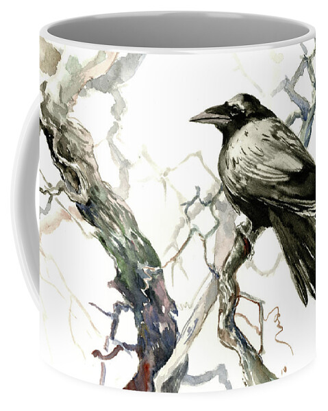 Raven Coffee Mug featuring the painting Raven on the Tree by Suren Nersisyan