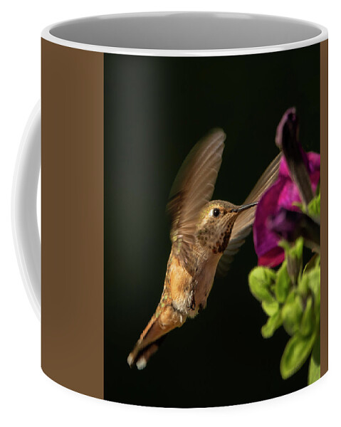 Rufous Hummingbird Coffee Mug featuring the photograph Reaching for the flower by Inge Riis McDonald