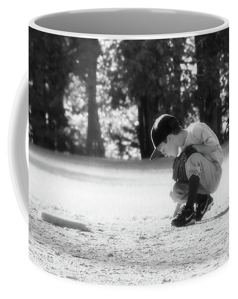 Monochrome Coffee Mug featuring the pyrography Ready at Second Base by Harry Moulton