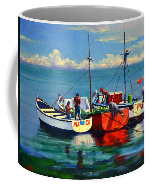 Seascape Coffee Mug featuring the painting Ready for the Sea, Peru Impression by Ningning Li