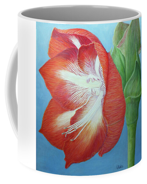 Red Coffee Mug featuring the painting Red Amaryllis First Bloom by Gay Pautz