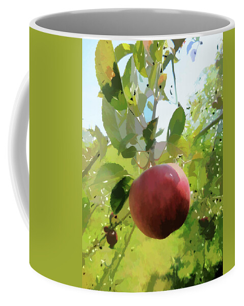 Apples Hanging From A Tree Branch Coffee Mug featuring the painting Red apple on tree by Jeelan Clark