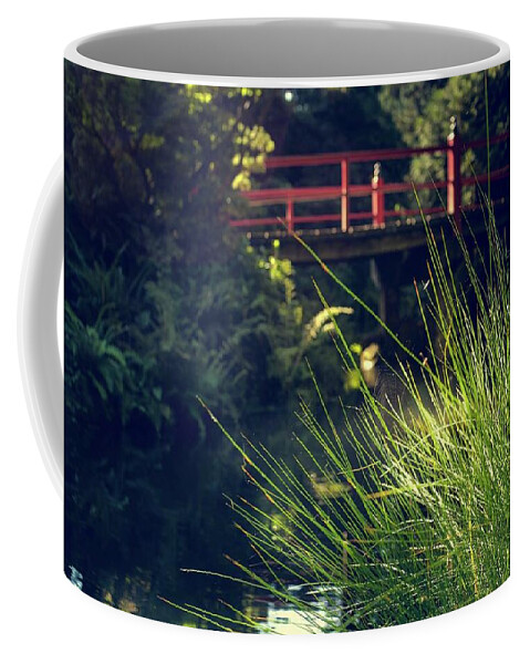 Kubota Garden Coffee Mug featuring the photograph Red Bridge by Gene Garnace