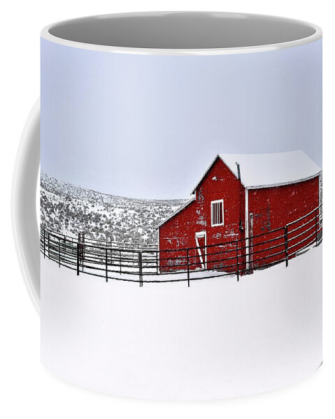 Red Coffee Mug featuring the photograph Red Barn in Winter by Amanda Smith