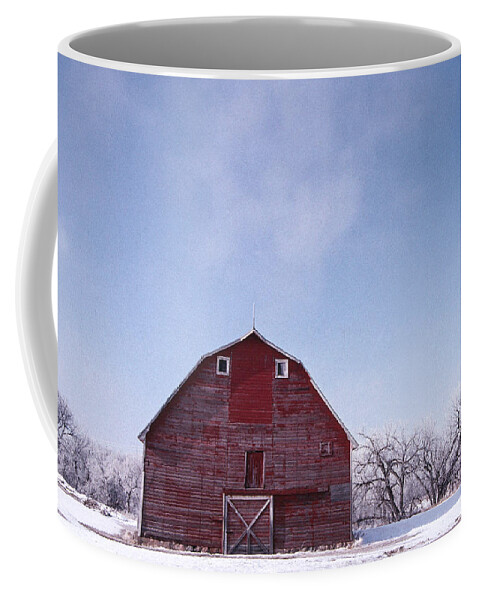 Red Barn On Canadian Border Coffee Mug featuring the photograph Red Barn Winter by William Kimble