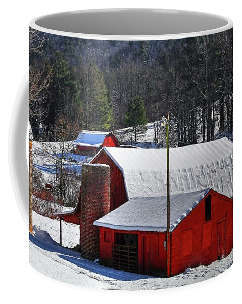 Red Barns And Silo In Snow Coffee Mug featuring the photograph Red Barns And Silo In Snow by Carol Montoya