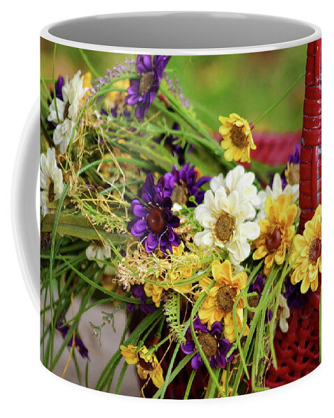 Flowers Coffee Mug featuring the photograph Red Basket with Flowers by Toni Hopper