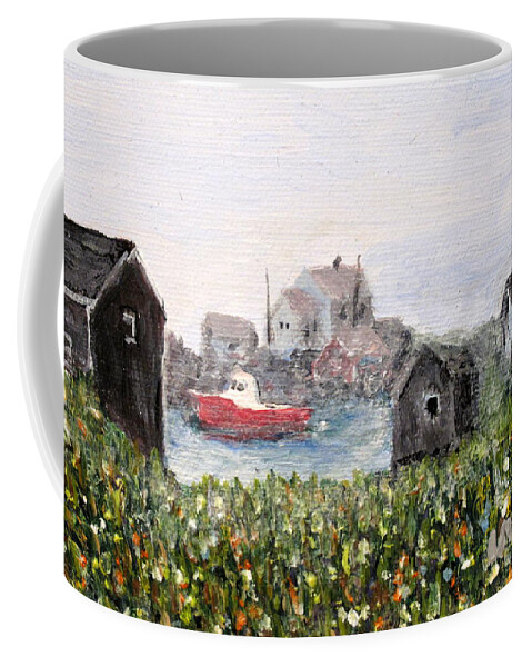 Red Boat Coffee Mug featuring the painting Red Boat in Peggys Cove Nova Scotia by Ian MacDonald