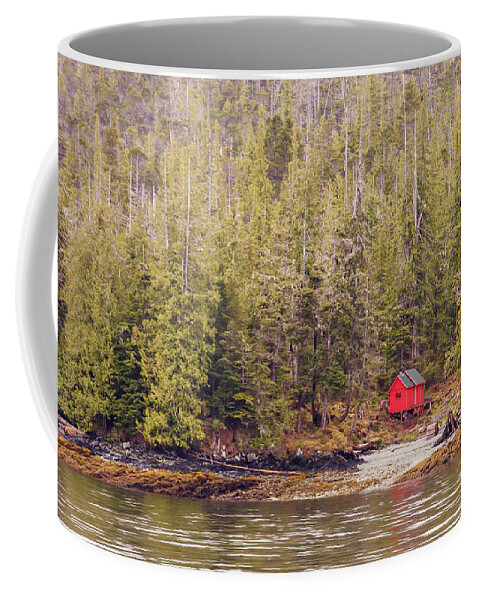 Alaska Coffee Mug featuring the photograph Red Cabin on Edge of Alaskan Waterway in Evergreen Forest by Darryl Brooks