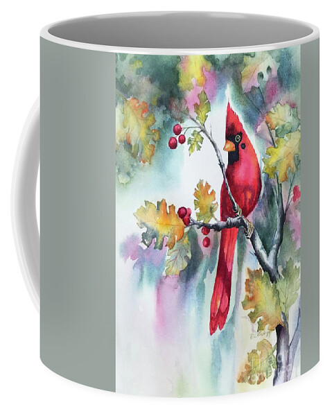 Red Cardinal Coffee Mug featuring the painting Red Cardinal with Berries by Hilda Vandergriff