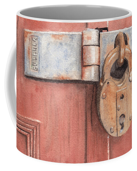 Lock Coffee Mug featuring the painting Red Door and Old Lock by Ken Powers