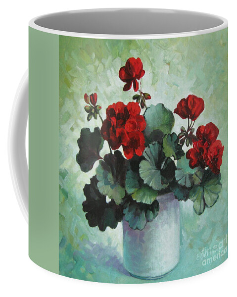 Flower Coffee Mug featuring the painting Red geranium by Elena Oleniuc
