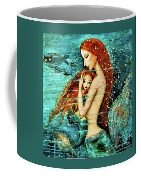 Mermaid Art Coffee Mug featuring the painting Red Hair Mermaid Mother and Child by Shijun Munns